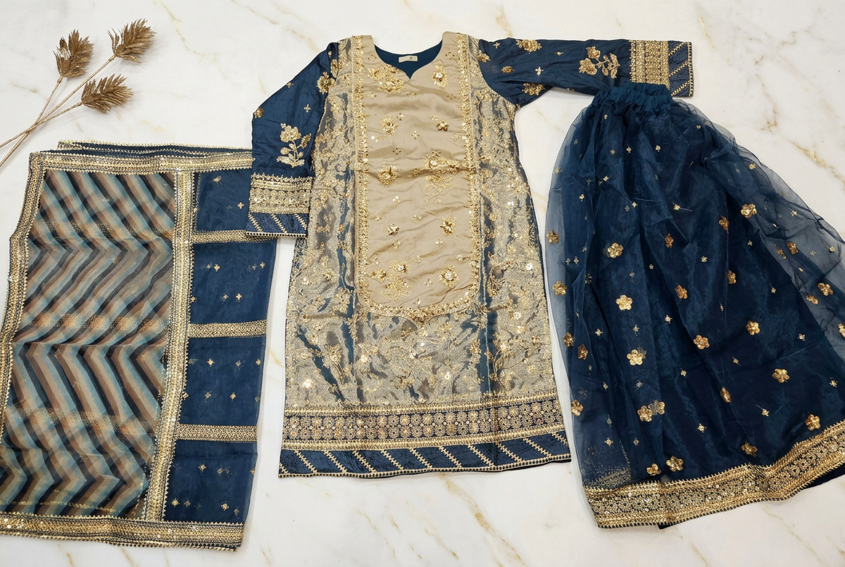 MNR Zarlish Light Gold Hand Embroidered Kameez with Teal Blue Embroidered Lehenga & Organza Dupatta – 3 Piece Formal Suit
