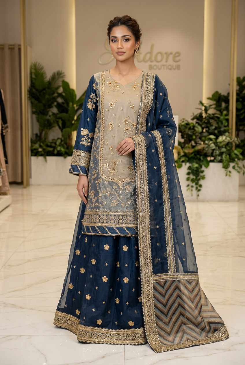 MNR Zarlish Light Gold Hand Embroidered Kameez with Teal Blue Embroidered Lehenga & Organza Dupatta – 3 Piece Formal Suit