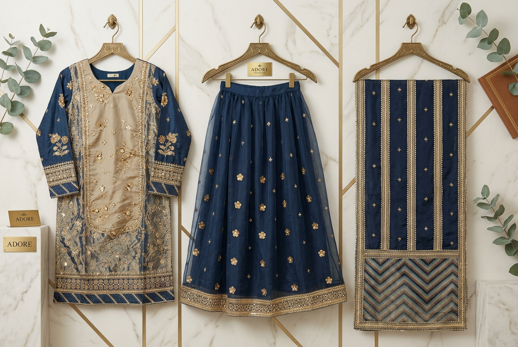 MNR Zarlish Light Gold Hand Embroidered Kameez with Teal Blue Embroidered Lehenga & Organza Dupatta – 3 Piece Formal Suit
