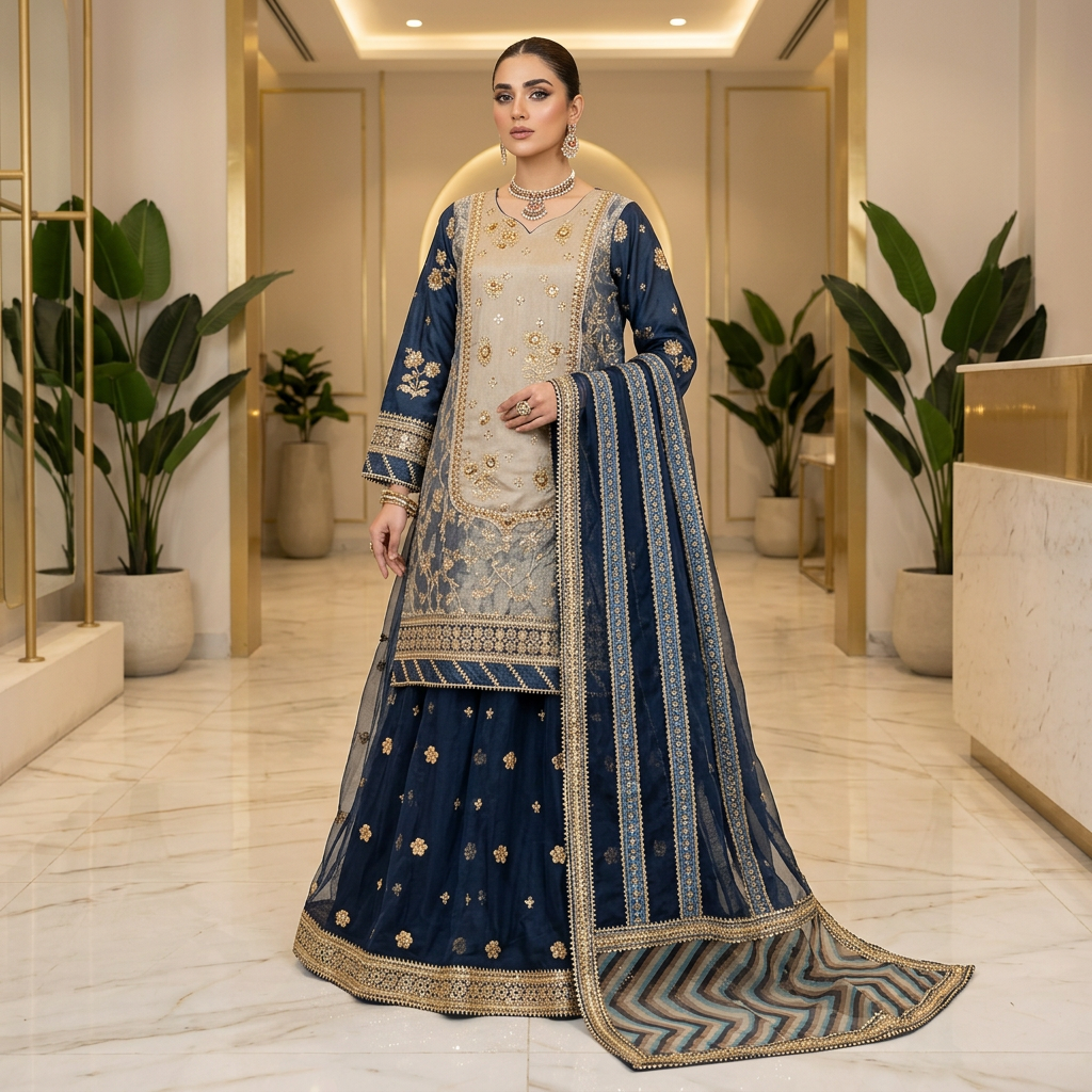 MNR Zarlish Light Gold Hand Embroidered Kameez with Teal Blue Embroidered Lehenga & Organza Dupatta – 3 Piece Formal Suit