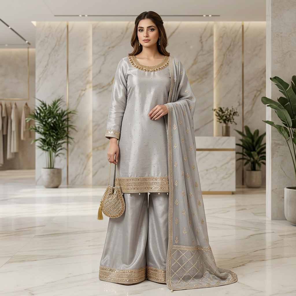 Celestial Noor – Embellished Shimmer Silk Sharara Suit with Embroidered Chiffon Dupatta | M–8XL