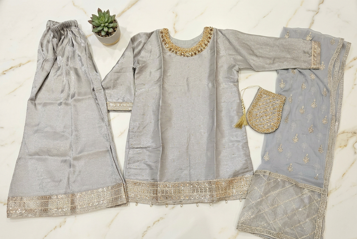 Celestial Noor – Embellished Shimmer Silk Sharara Suit with Embroidered Chiffon Dupatta | M–8XL