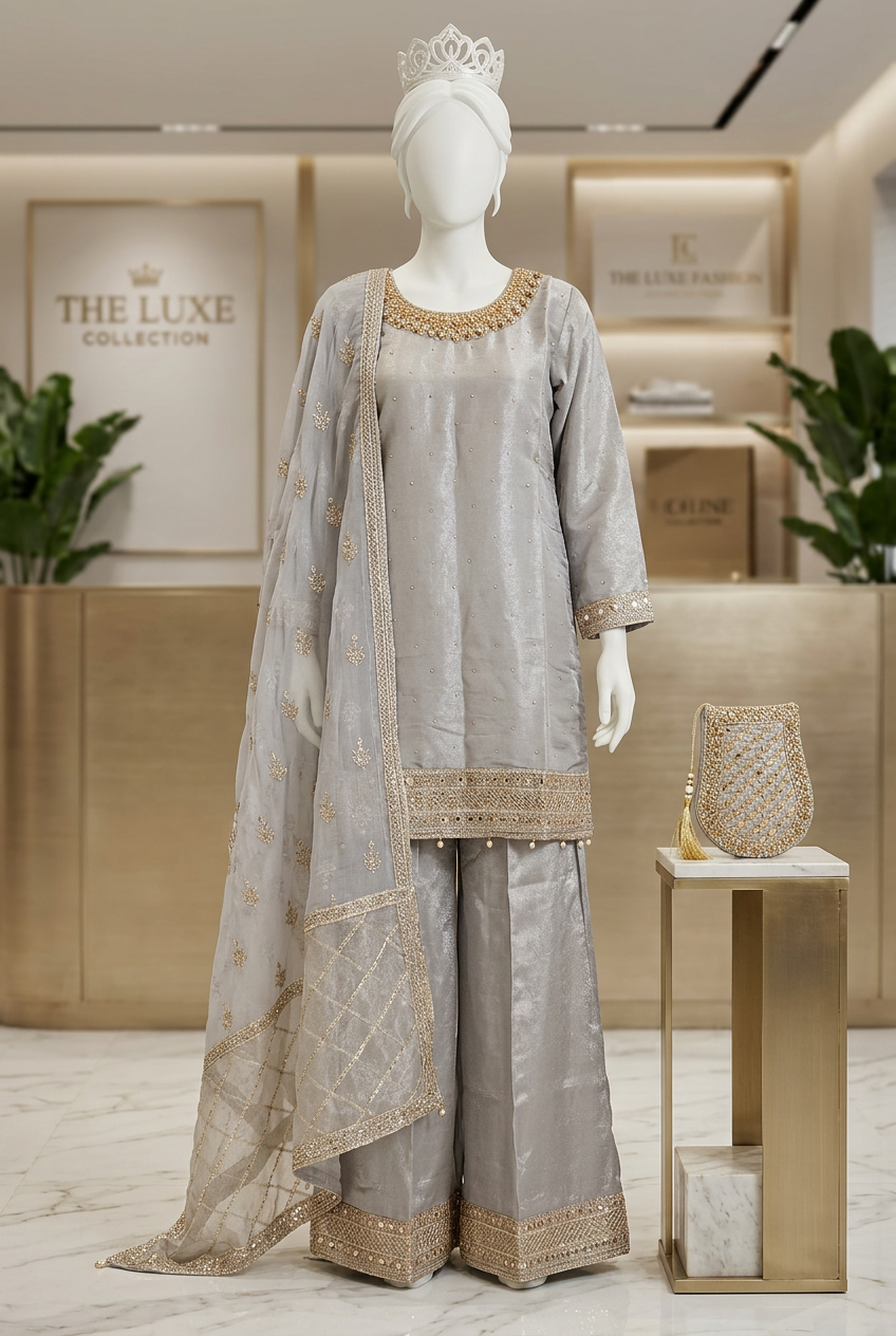 Celestial Noor – Embellished Shimmer Silk Sharara Suit with Embroidered Chiffon Dupatta | M–8XL