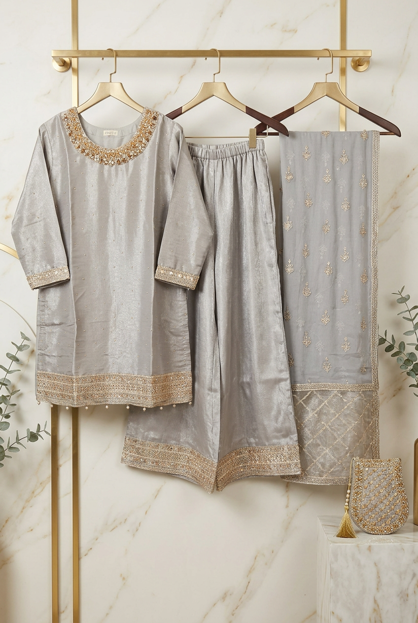 Celestial Noor – Embellished Shimmer Silk Sharara Suit with Embroidered Chiffon Dupatta | M–8XL