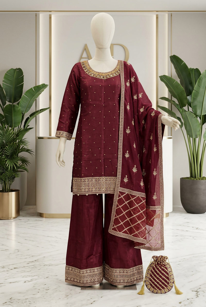 Celestial Noor – Embellished Shimmer Silk Sharara Suit with Embroidered Chiffon Dupatta | M–8XL