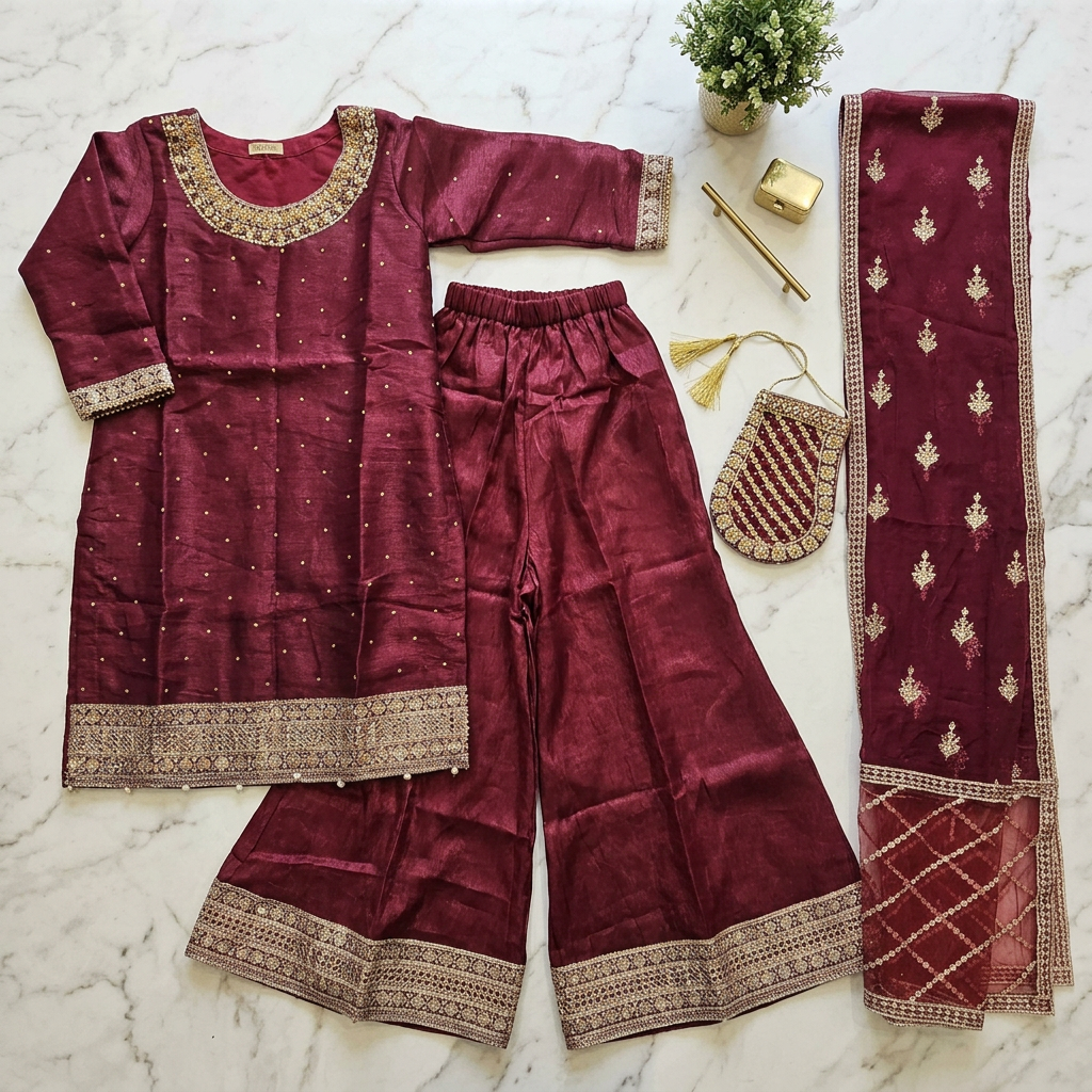 Celestial Noor – Embellished Shimmer Silk Sharara Suit with Embroidered Chiffon Dupatta | M–8XL