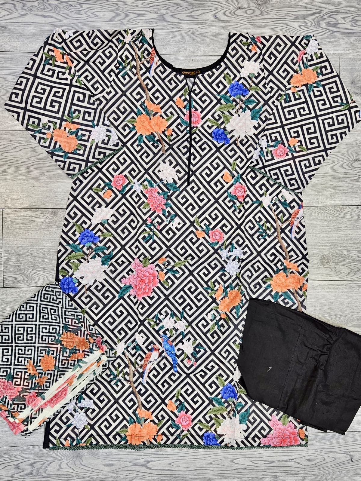 Sana safinaz mahay 2024 design 13a black white and pink lawn cotton shalwar kameez suit with dupatta in sizes [L to 8XL] womenswear traditional plus size clothing