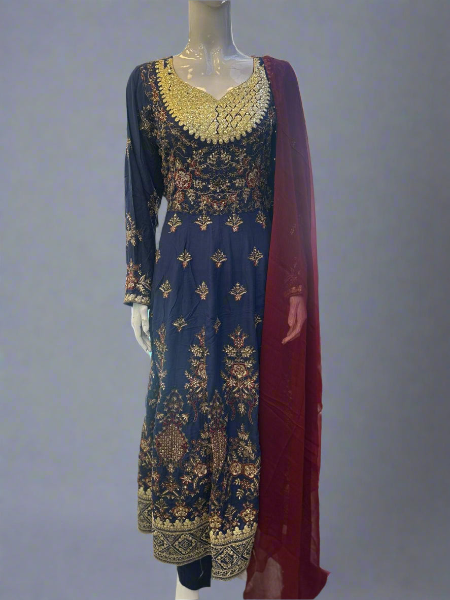 Navy blue with antique gold and red colour all over thread and zari embroidery dress in linen fabric with dupatta trousers in sizes (M to 7XL)-womenswear traditional plus size comfort dress
