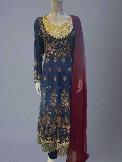 Navy blue with antique gold and red colour all over thread and zari embroidery dress in linen fabric with dupatta trousers in sizes (M to 7XL)-womenswear traditional plus size comfort dress