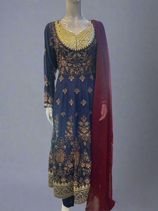 Navy blue with antique gold and red colour all over thread and zari embroidery dress in linen fabric with dupatta trousers in sizes (M to 7XL)-womenswear traditional plus size comfort dress