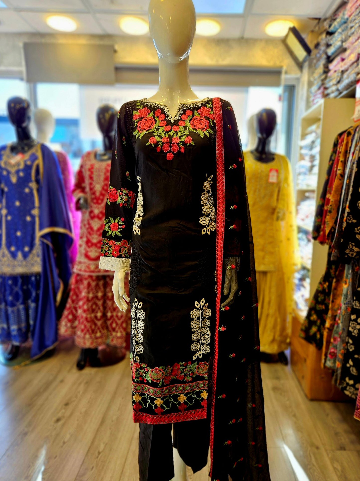 ETHN Black Chikan Kameez | White & Pink Thread Embroidery | Laser Cut Viscose Suit (M-7XL)