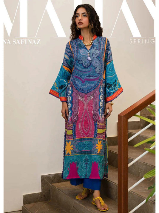 Sana safinaz mahay 2024 design 12b blue and pink lawn cotton shalwar kameez suit with dupatta in sizes [L to 8XL] womenswear traditional plus size clothing