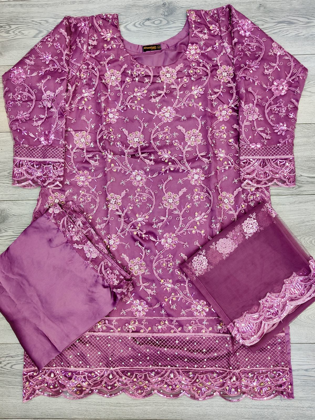 TR Pinkish Purple colour hand embellished palazzo suit kameez in net fabric with silk palazzo trousers embroidered net dupatta in size (XL to 8XL) womenswear traditional fancy party wear plus size clothing