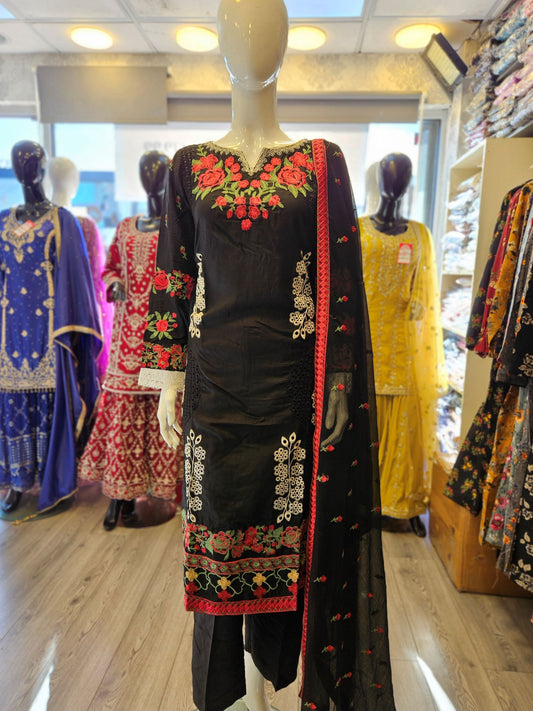 ETHN Black Chikan Kameez | White & Pink Thread Embroidery | Laser Cut Viscose Suit (M-7XL)