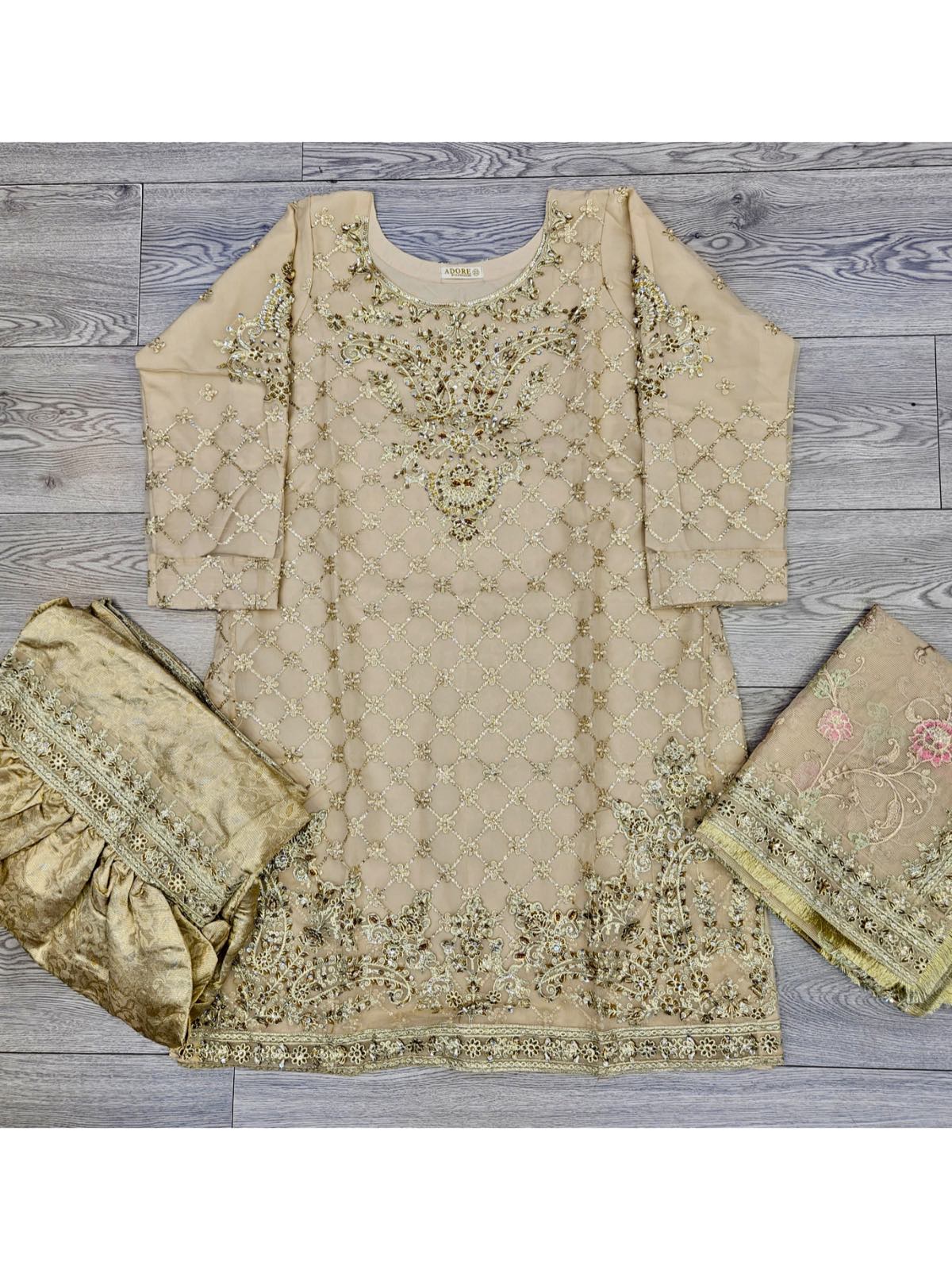 MB D9 light beige gold colour chiffon kameez khadi net all over embroidered dupatta and silk brocade gharara in sizes [L to 6XL] womenswear traditional plus size wedding party clothing - Gorgeous, fit