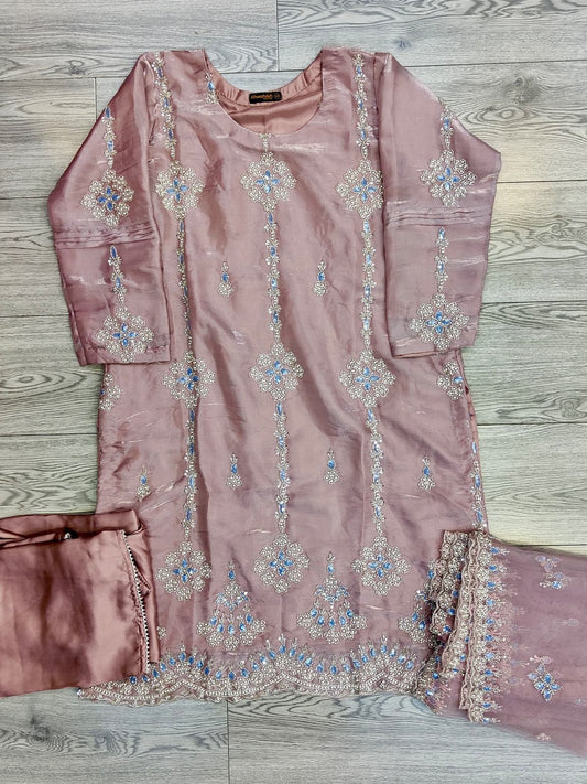 Lilac Pink colour diamond shaped hand embellished cutdana embroidery shimmer organza fabric with silk palazzo and net embroidered dupatta in sizes [M to 8XL] womenswear traditional party and wedding wear plus size clothing