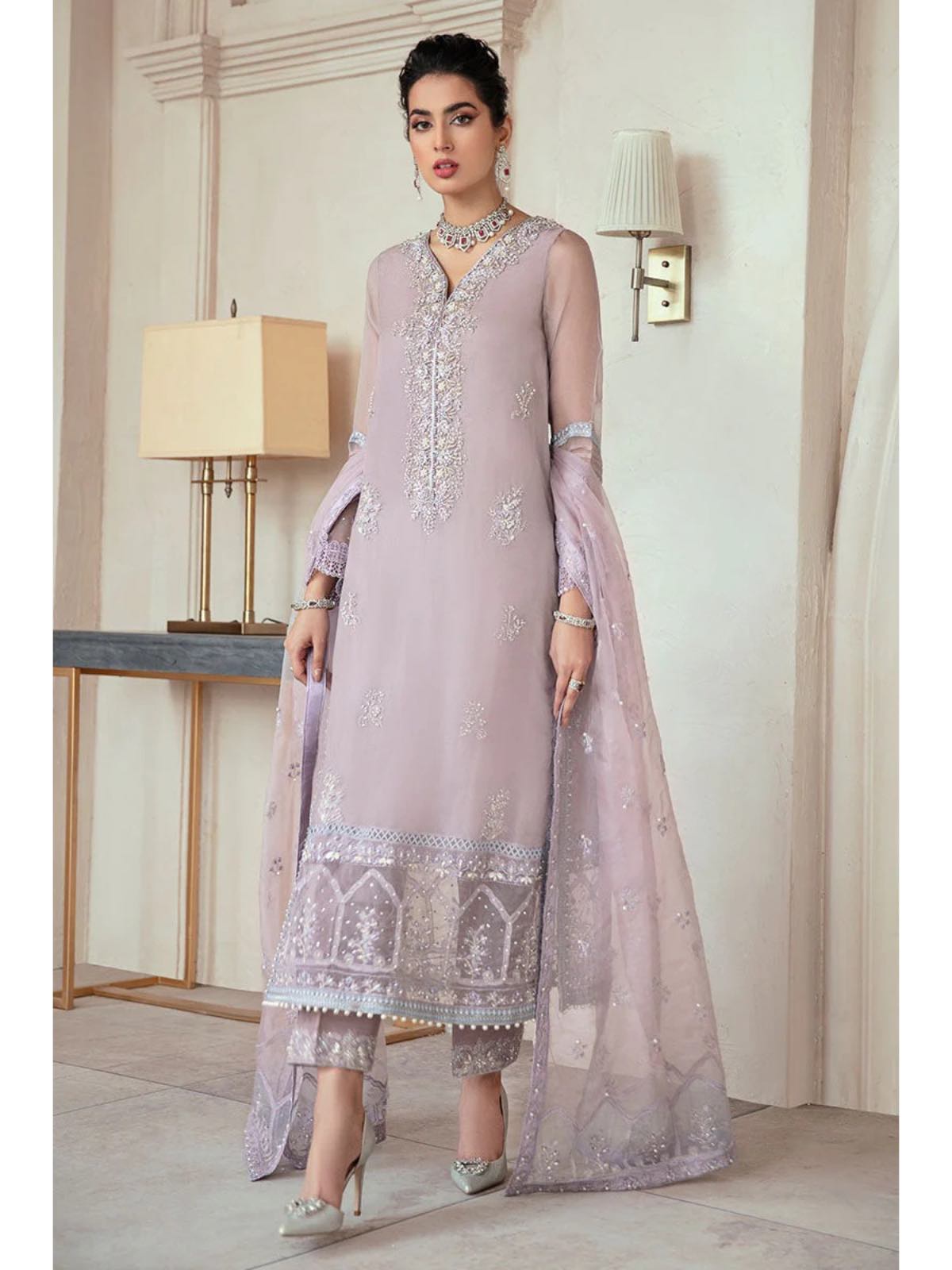 MSQ crystal pearl lilac pink colour hand embellished shalwar kameez in organza fabric with embroidered dupatta in sizes [L to 8XL] womenswear traditional fancy party wear plus size - gorgeous fit