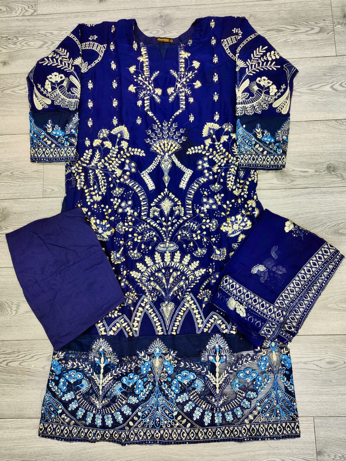 ELN Navy Blue colour hand embellished with pearls and dabka chiffon fabric shalwar kameez embroidered chiffon dupatta in sizes (L to 8XL) womenswear fancy party wear plus size clothing