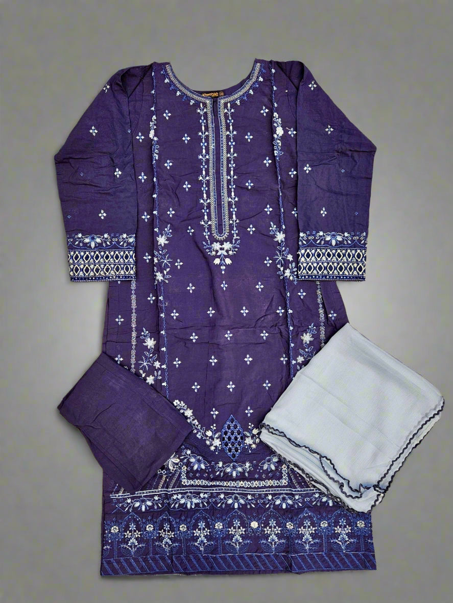 Navy blue colour thread and sequins chikan kari embroidery linen fabric shalwar kameez in sizes [M to 8XL]- Womenswear traditional dress plus size comfort clothing - Eid festive