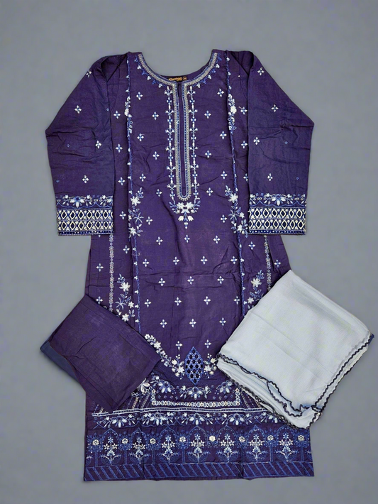 Navy blue colour thread and sequins chikan kari embroidery linen fabric shalwar kameez in sizes [M to 8XL]- Womenswear traditional dress plus size comfort clothing - Eid festive
