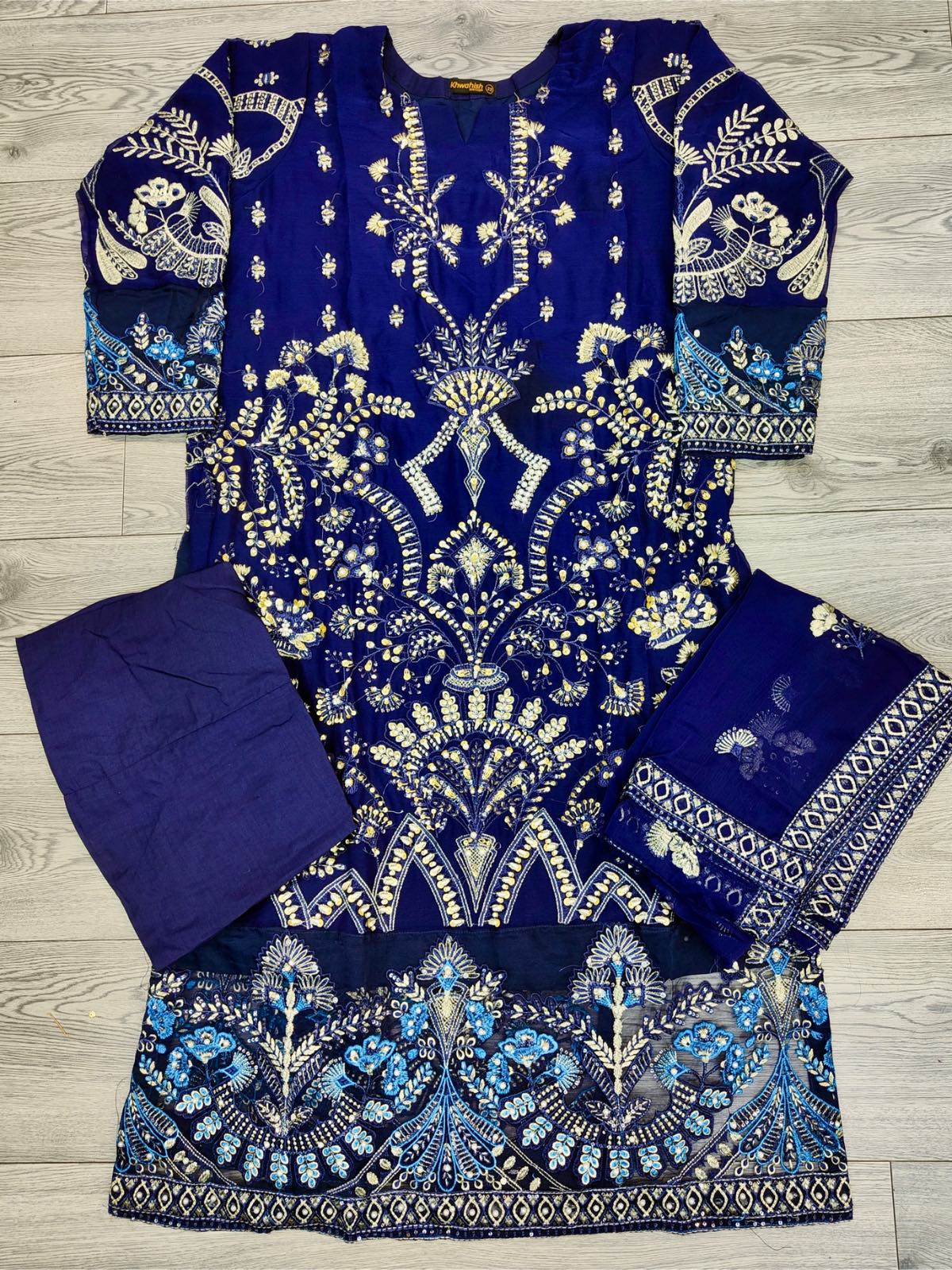 ELN Navy Blue colour hand embellished with pearls and dabka chiffon fabric shalwar kameez embroidered chiffon dupatta in sizes (L to 8XL) womenswear fancy party wear plus size clothing