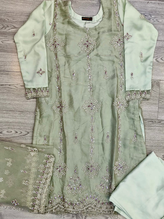 Mint Green colour diamond pattern hand embellished cutdana embroidery shimmer organza fabric with silk palazzo and net embroidered dupatta in sizes [M to 8XL] womenswear traditional party and wedding wear plus size clothing