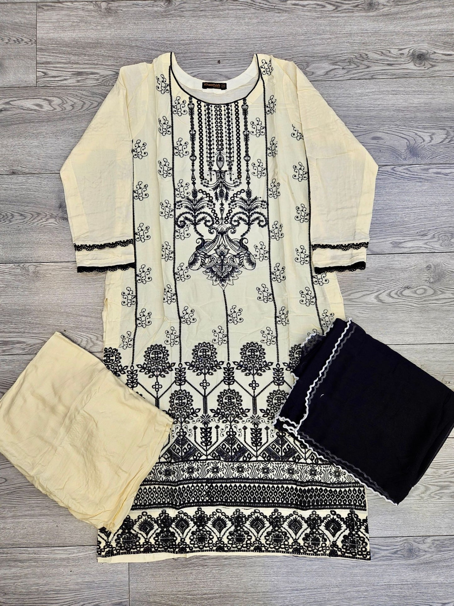 Off-white colour thread and sequins chikan kari embroidery linen fabric shalwar kameez in sizes [M to 8XL]- Womenswear traditional dress plus size comfort clothing
