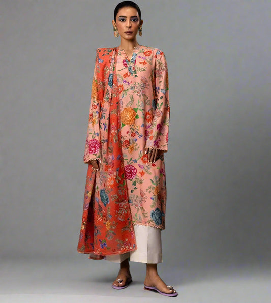 Sana Safinaz H243-15B coral pink colour digital floral printed linen fabric shalwar kameez - Sizes M to 8XL - Womenswear traditional casual indoor outdoor clothing plus size comfort for fall winter spring