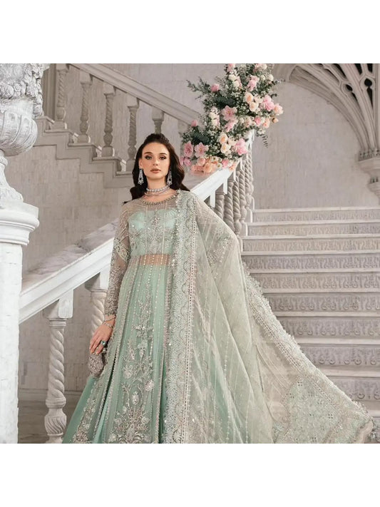 MB Mbroidered mint green and silver hand embellished long dress with stonework cutwork and pearls embroidered dupatta in sizes [3XL to 5XL] womenswear traditional wedding fancy plus size clothing - gorgeous, fit