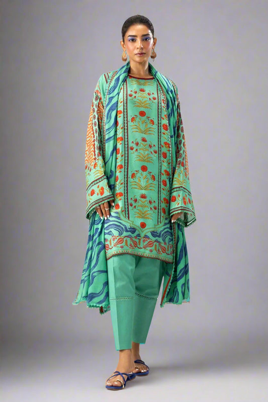 Sana Safinaz H243-04A turquoise green colour digital floral print linen fabric shalwar kameez matching print trousers or shalwar - Sizes M to 8XL - Womenswear traditional casual indoor outdoor clothing plus size comfort for fall winter spring