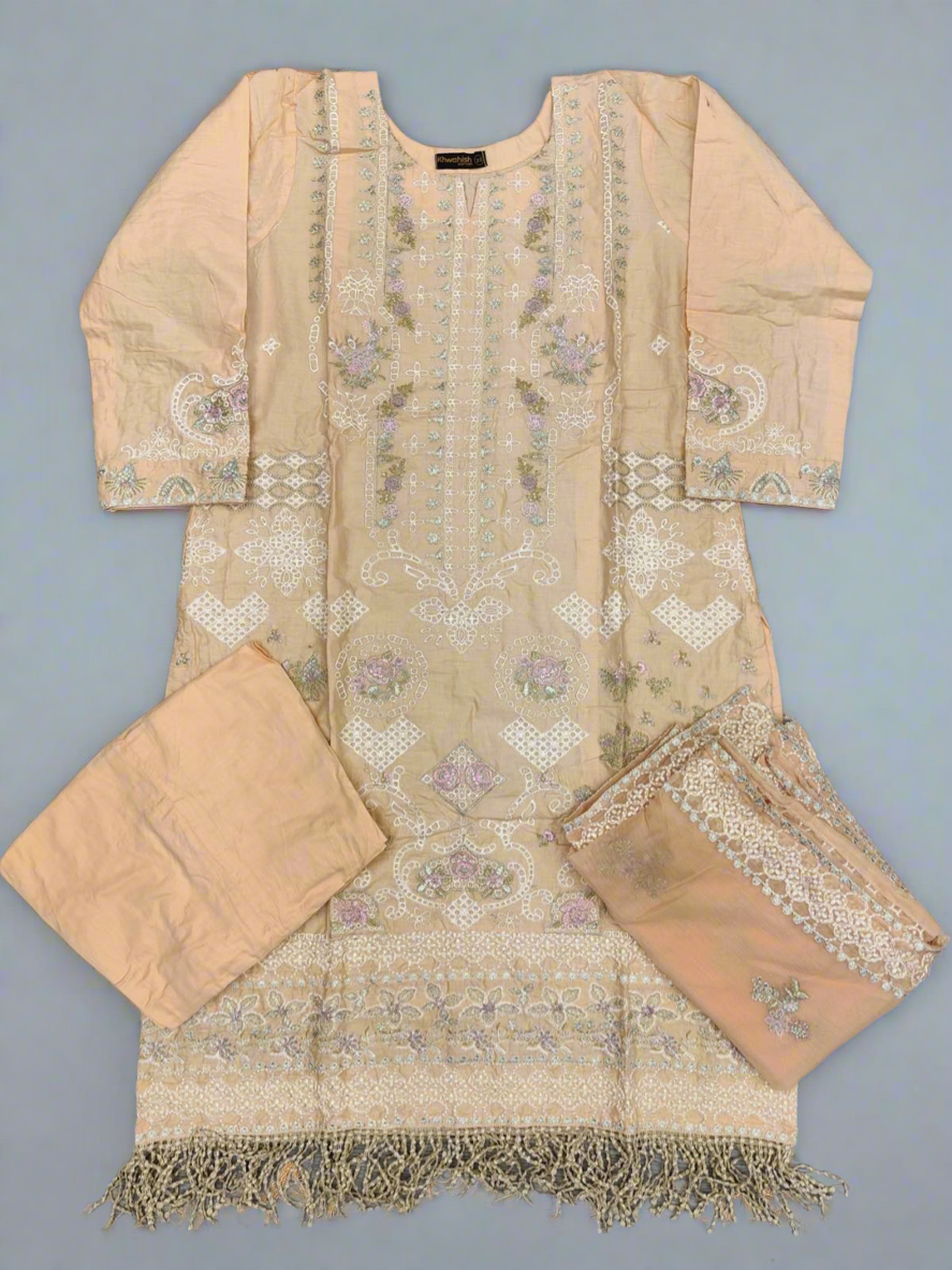 Light peach colour cotton embroidered shalwar kameez with chiffon embroidered dupatta in sizes [L to 8XL] women wear traditional plus size