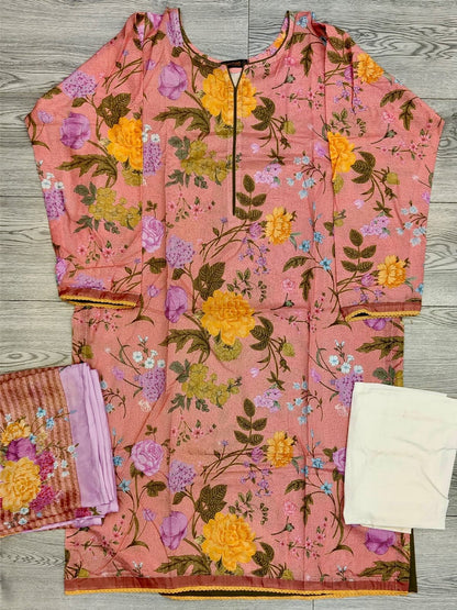 Sana Safinaz Mahay 7A peach and yellow colour lawn cotton fabric floral print shalwar kameez with printed dupatta in sizes [M to 8XL] womenswear traditional plus size clothing