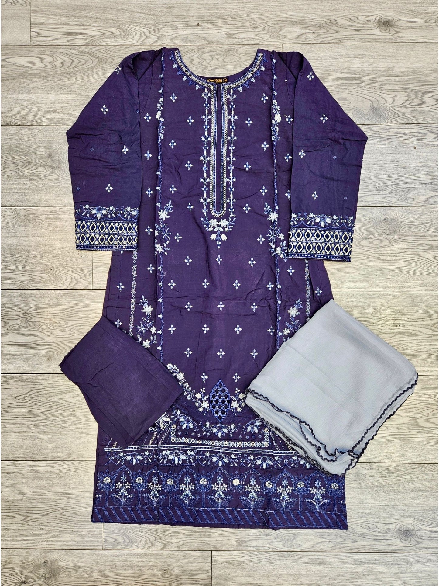 Navy blue colour thread and sequins chikan kari embroidery linen fabric shalwar kameez in sizes [M to 8XL]- Womenswear traditional dress plus size comfort clothing - Eid festive