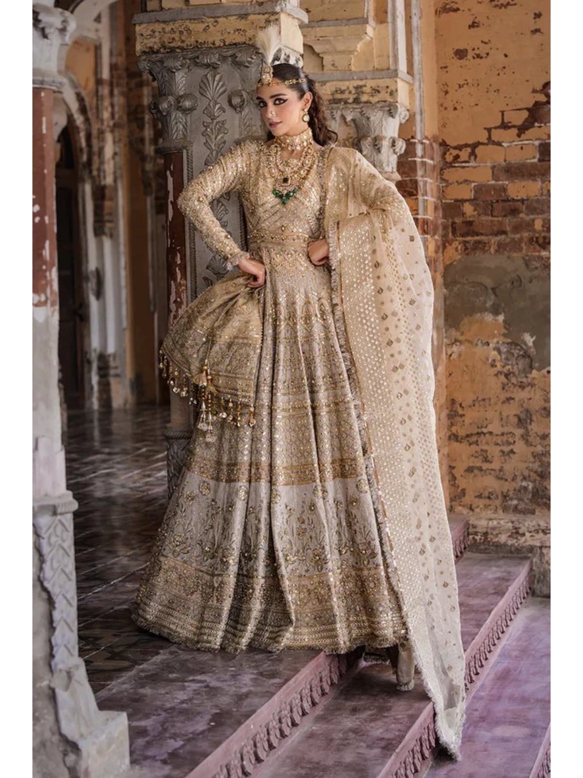 MNR ZWU-32 light beige heavily hand embellished long dress with embroidered dupatta in sizes [3XL to 5XL] womenswear traditional wedding fancy plus size clothing - gorgeous, fit