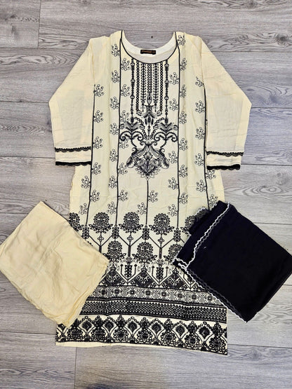 Off-white colour thread and sequins chikan kari embroidery linen fabric shalwar kameez in sizes [M to 8XL]- Womenswear traditional dress plus size comfort clothing