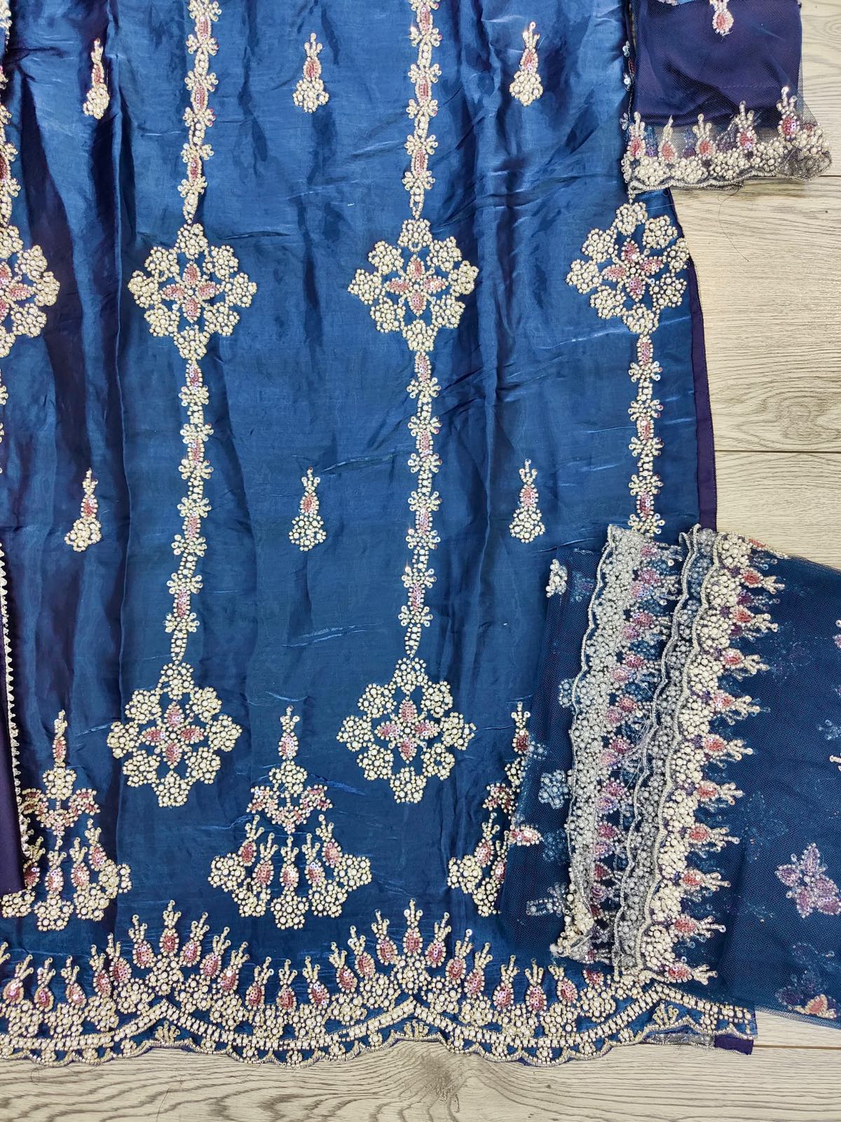 Navy Blue colour diamond pattern hand embellished cutdana embroidery shimmer organza fabric with silk palazzo and net embroidered dupatta in sizes [M to 8XL] womenswear traditional party and wedding wear plus size clothing