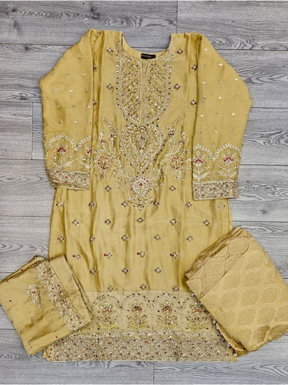 AM Gold colour hand embellished lehenga suit in chiffon fabric embroidered dupatta and brocade lehenga in sizes [M to 8XL] womenswear traditional wedding wear plus size clothing - gorgeous fit