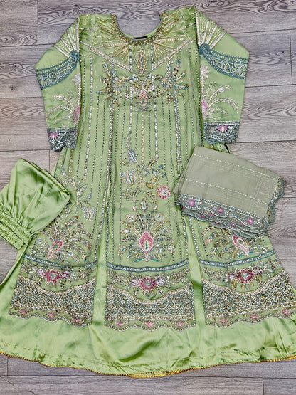 MB pistachio green hand embellished front cut suit with embroidered dupatta and trousers in sizes [M to 8XL] womenswear traditional wedding plus size clothing - gorgeous, fit