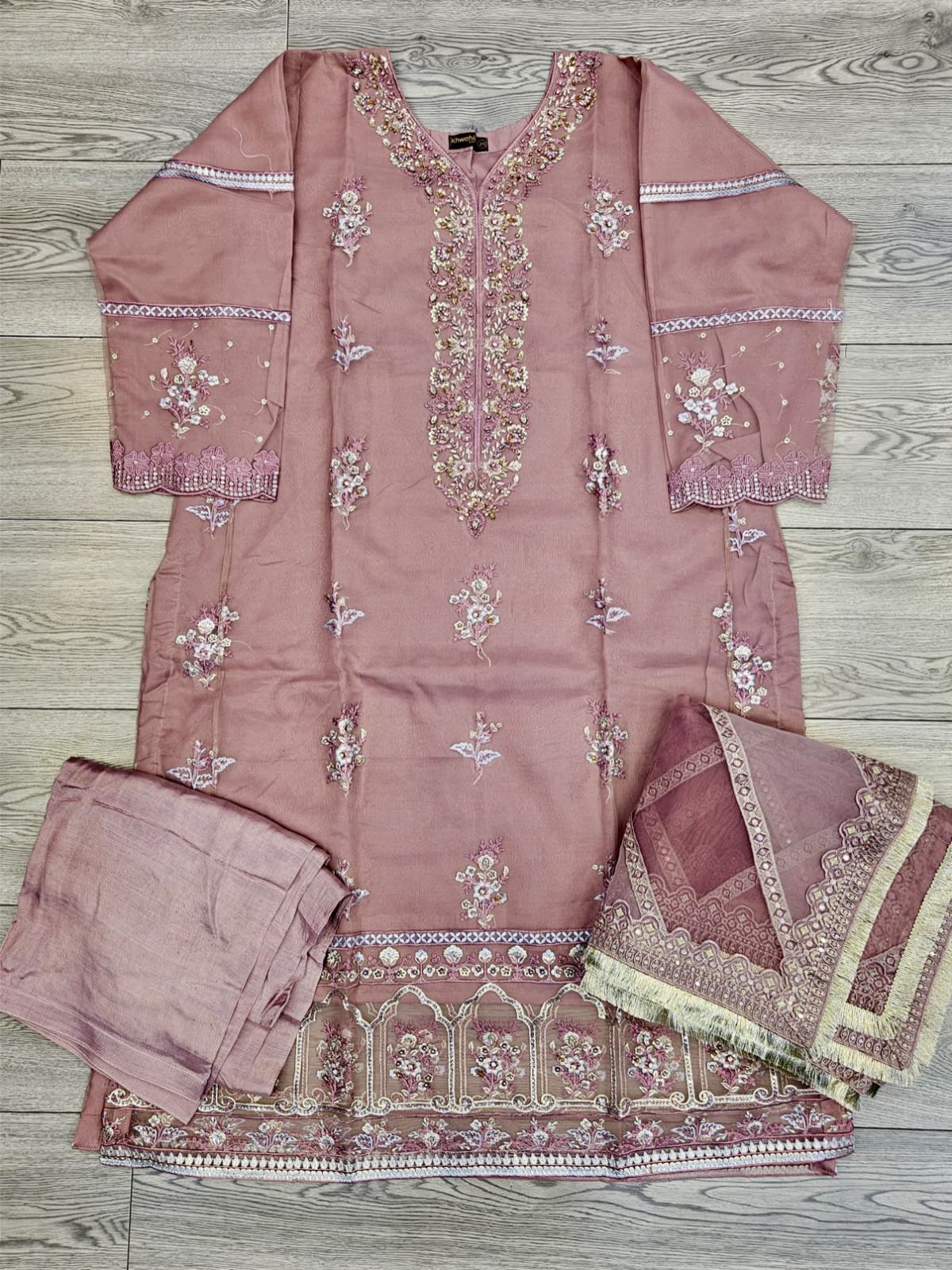 MSQ crystal pearl lilac pink colour hand embellished shalwar kameez in organza fabric with embroidered dupatta in sizes [L to 8XL] womenswear traditional fancy party wear plus size - gorgeous fit