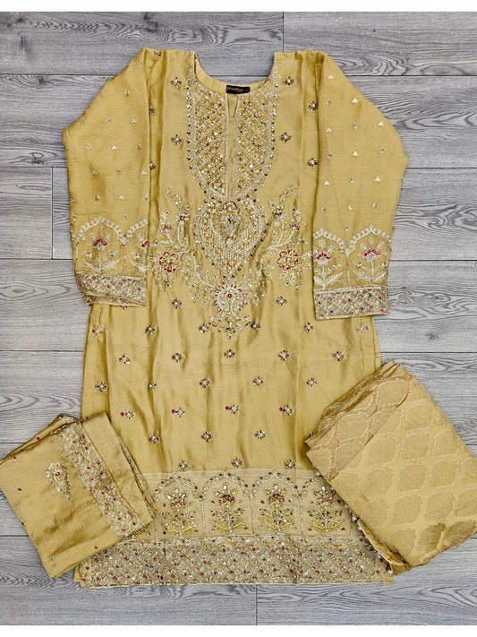 AM Gold colour hand embellished lehenga suit in chiffon fabric embroidered dupatta and brocade lehenga in sizes [M to 8XL] womenswear traditional wedding wear plus size clothing - gorgeous fit