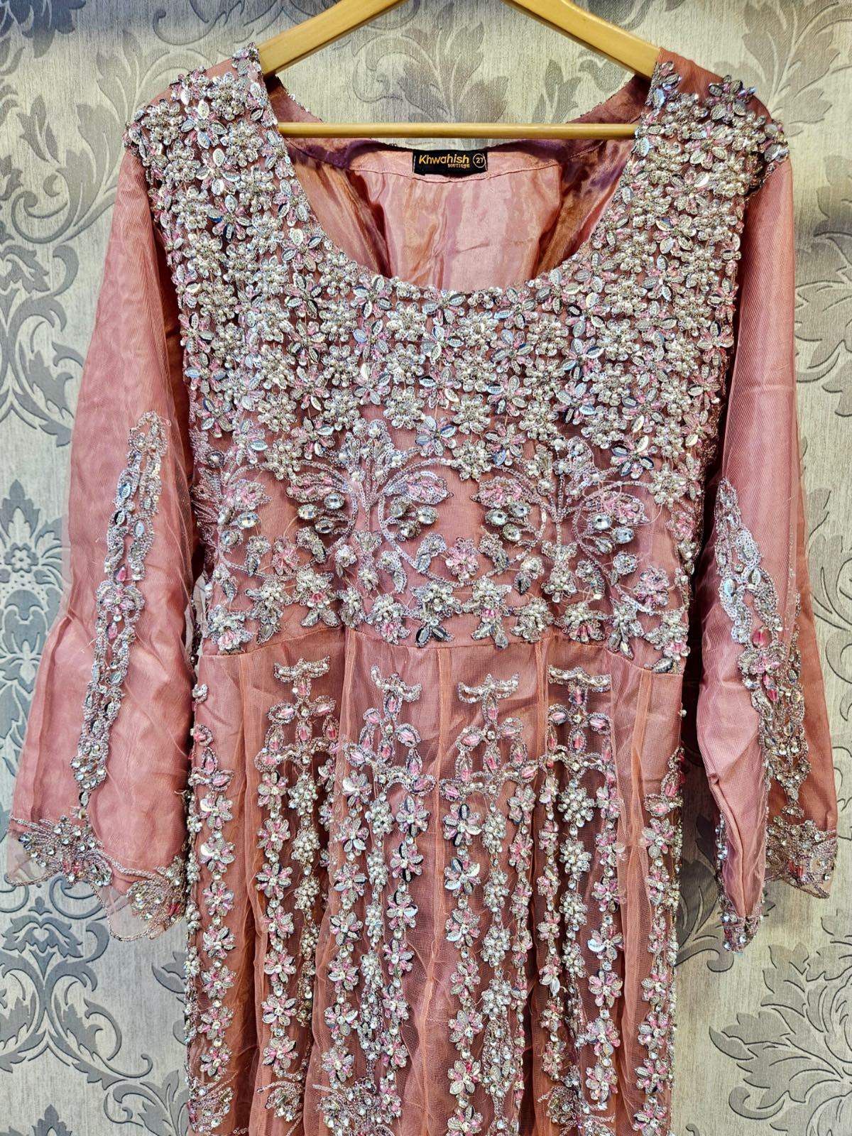 EK pink peach colour hand embellished long dress with stonework and pearls embroidered dupatta in sizes [3XL to 5XL] womenswear traditional wedding fancy plus size clothing - gorgeous, fit