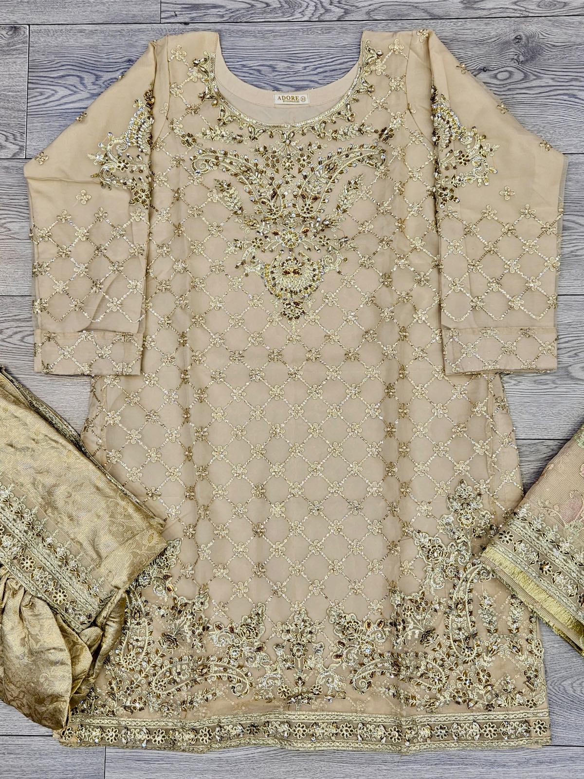 MB D9 light beige gold colour chiffon kameez khadi net all over embroidered dupatta and silk brocade gharara in sizes [L to 6XL] womenswear traditional plus size wedding party clothing - Gorgeous, fit