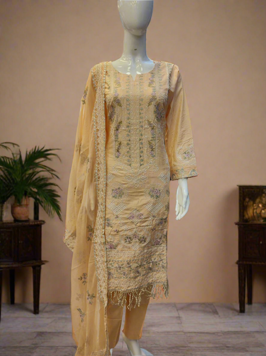 Light peach colour cotton embroidered shalwar kameez with chiffon embroidered dupatta in sizes [L to 8XL] women wear traditional plus size