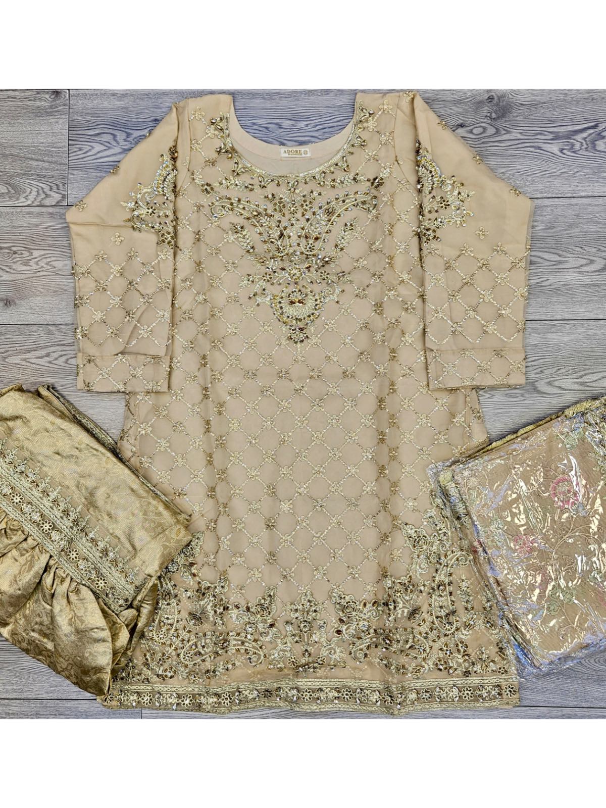 MB D9 light beige gold colour chiffon kameez khadi net all over embroidered dupatta and silk brocade gharara in sizes [L to 6XL] womenswear traditional plus size wedding party clothing - Gorgeous, fit