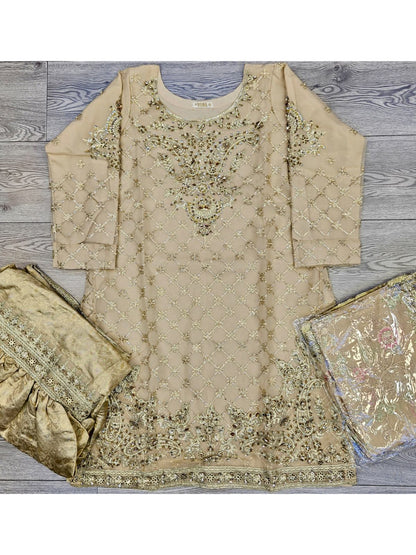 MB D9 light beige gold colour chiffon kameez khadi net all over embroidered dupatta and silk brocade gharara in sizes [L to 6XL] womenswear traditional plus size wedding party clothing - Gorgeous, fit