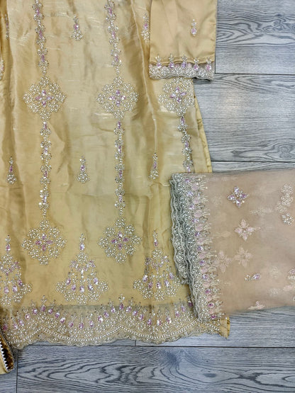 Gold colour diamond pattern hand embellished cutdana embroidery shimmer organza fabric with silk palazzo and net embroidered dupatta in sizes [M to 8XL] womenswear traditional party and wedding wear plus size clothing