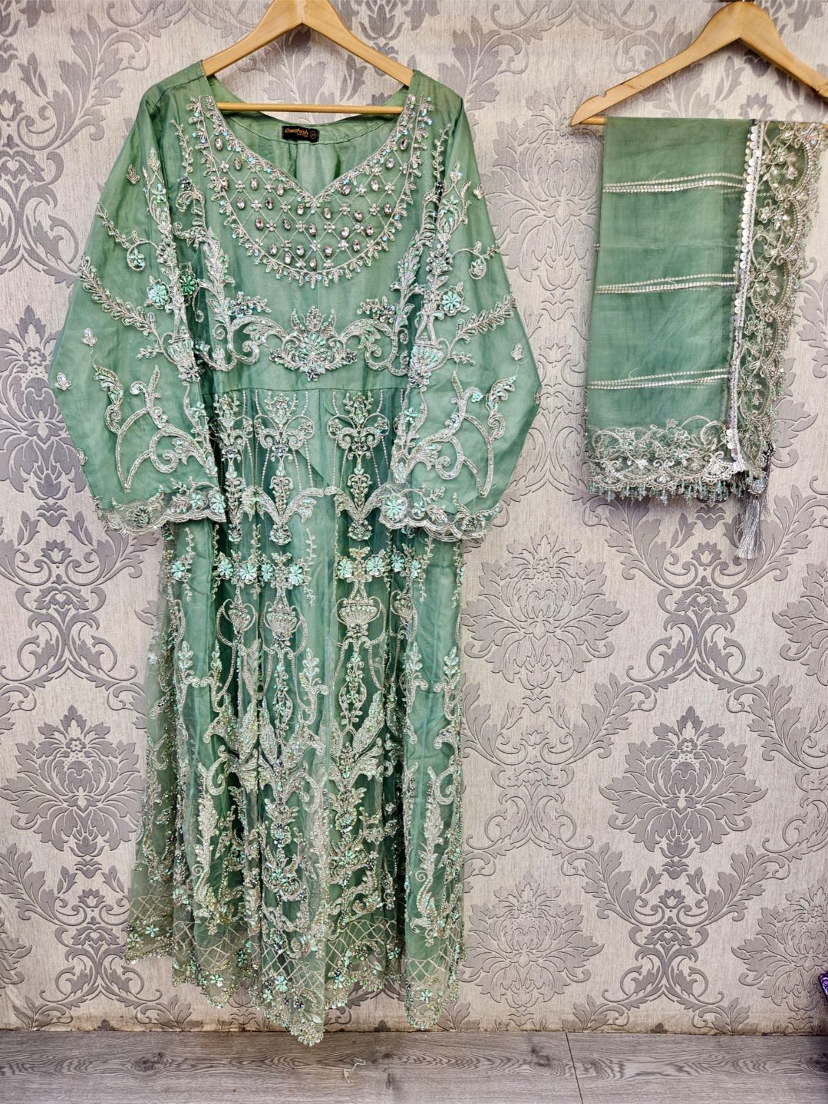 MB Mbroidered mint green and silver hand embellished long dress with stonework cutwork and pearls embroidered dupatta in sizes [3XL to 5XL] womenswear traditional wedding fancy plus size clothing - gorgeous, fit