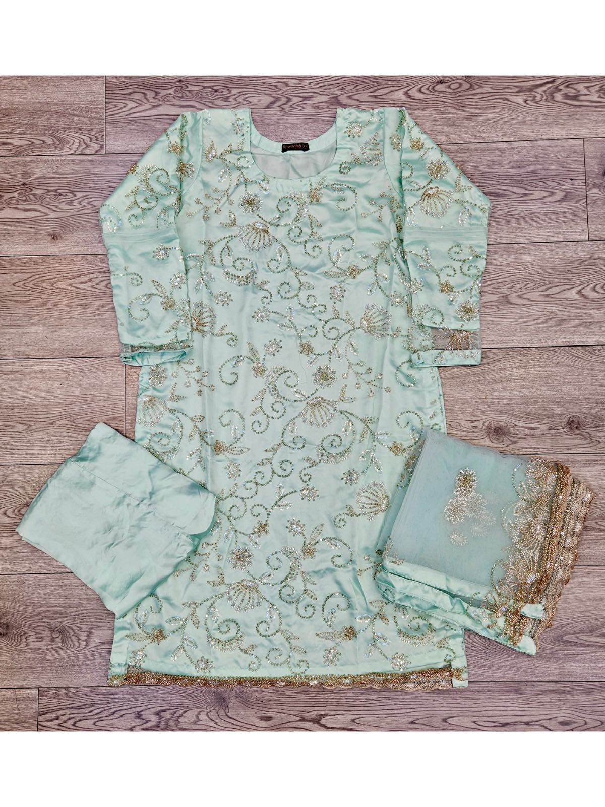 Light sea green colour shalwar kameez cut dana embroidery in net fabric with silk trouser or shalwar net embroidered dupatta in sizes [M to 8XL] womenswear traditional party and wedding wear plus size clothing