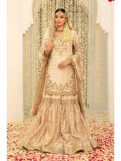 MB D9 light beige gold colour chiffon kameez khadi net all over embroidered dupatta and silk brocade gharara in sizes [L to 6XL] womenswear traditional plus size wedding party clothing - Gorgeous, fit