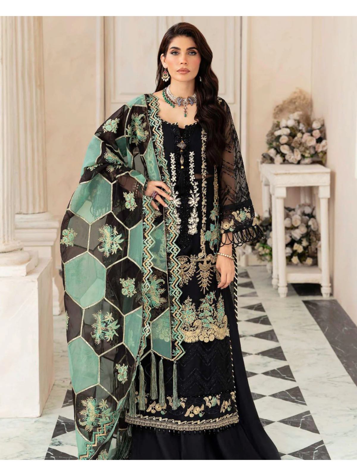 ELF black and teal blue colour embroidered organza fabric hand embellished shalwar kameez with embroidered organza dupatta in sizes [M to 7XL] womenswear traditional plus size wedding party clothing - Gorgeous, fit